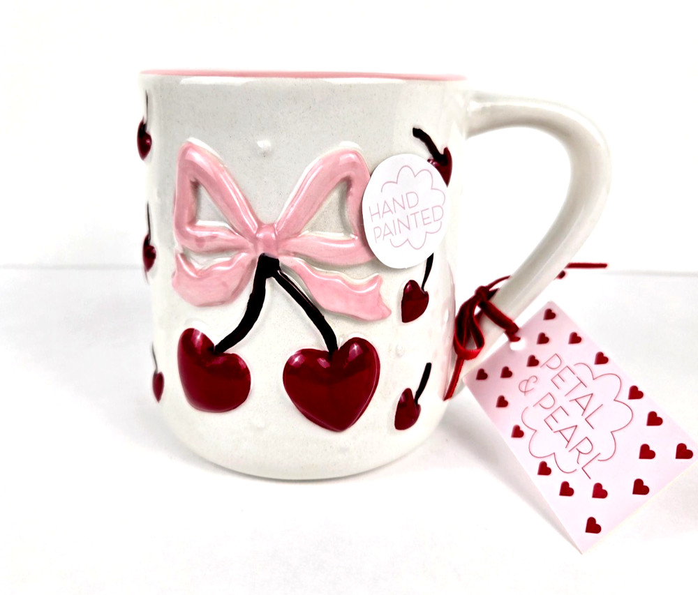 NWT Petal & Pearl Valentine's Day Ceramic Mug With Red Hearts and Pink Bow
