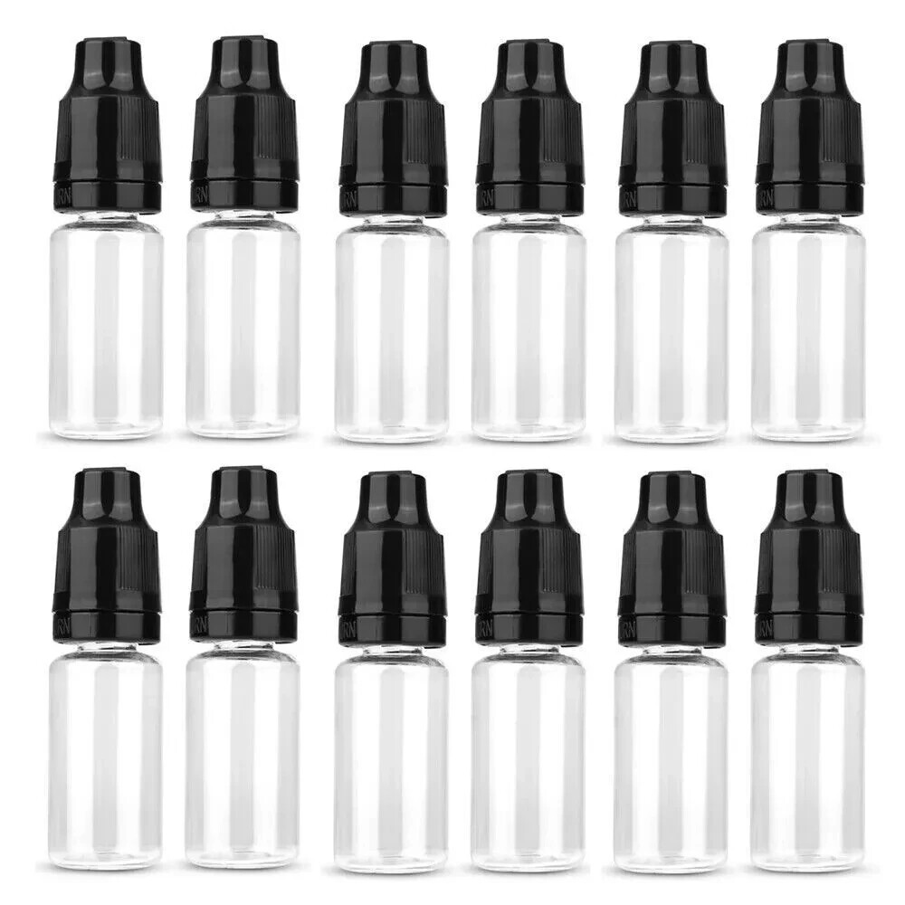 1000pcs 10ML Empty Plastic Clear PET Bottles Black Safety Cap Essential Oils