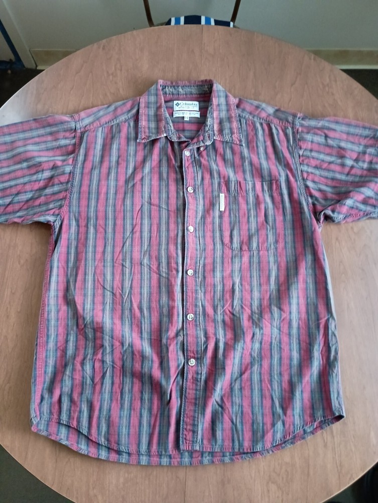 Columbia Men's Short Sleeve Button Up Collar Red Blue Brown T Shirt Size Medium