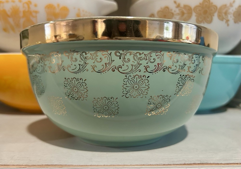 Large Green and Gold Halls Ceramic Mixing Bowl 1378  Vintage