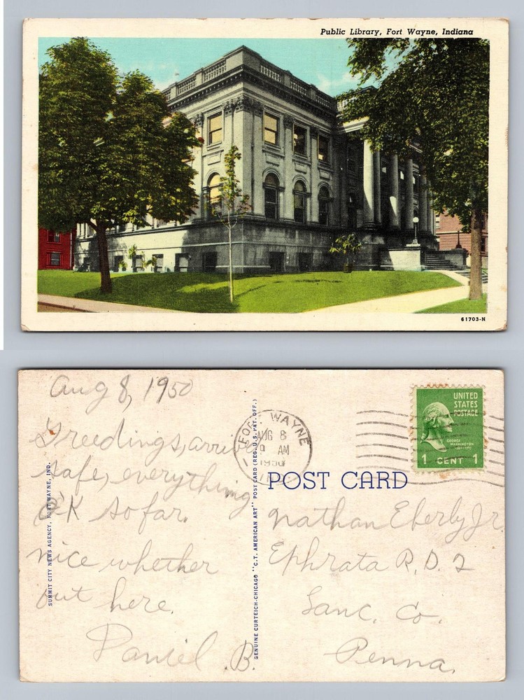 Fort Wayne, IN-Indiana, Public Library Scene Standard c1950 Vintage Postcard