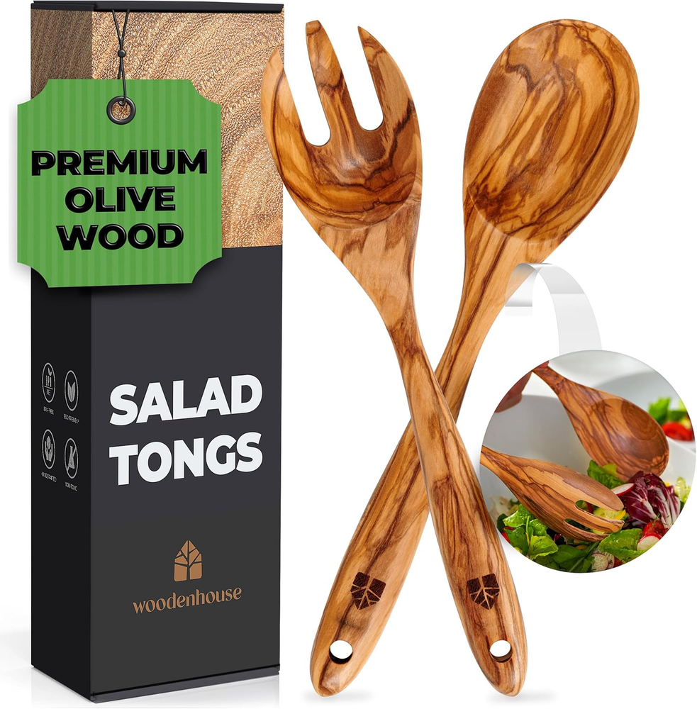 Salad Tongs for Serving, Spoon Salad Utensils Set from Olive Wood, 12 Inches Woo