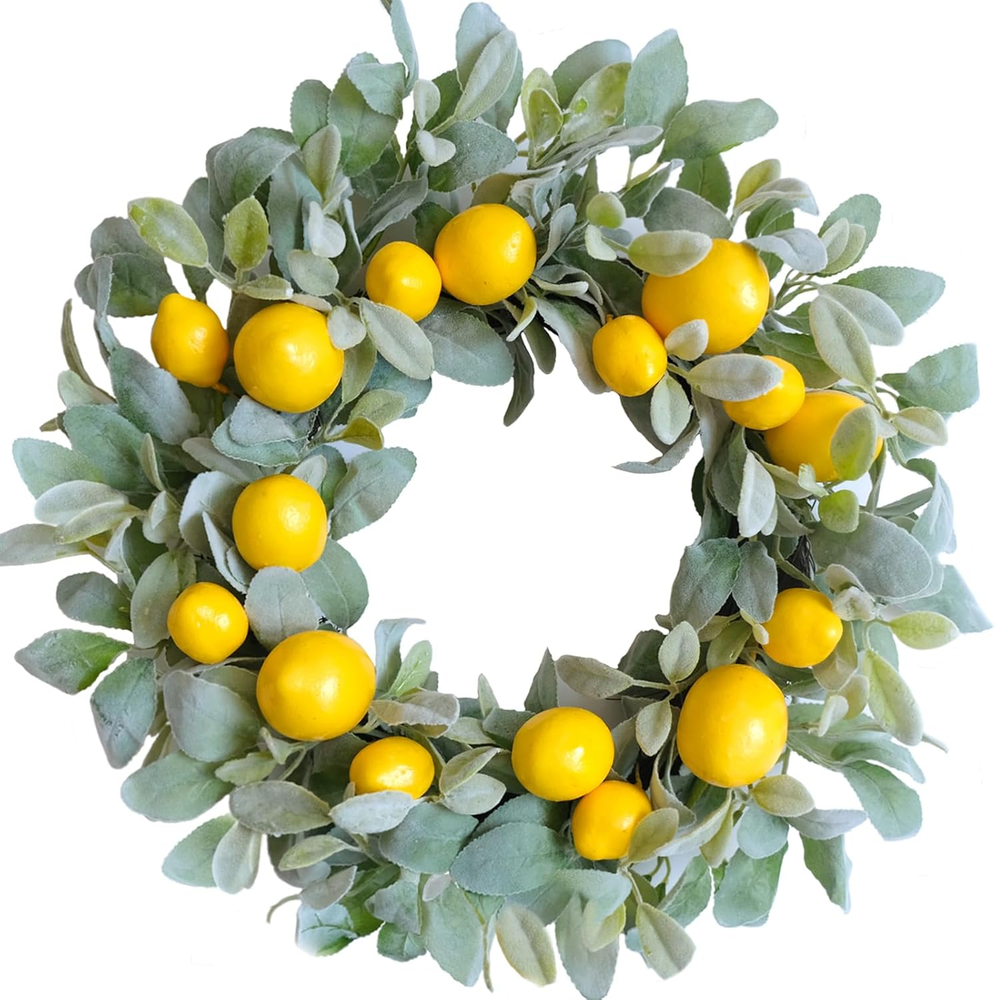 18 Inch Yellow Lemon Summer Wreath with Lamb Ears for Front Door Decor