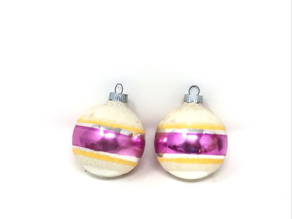 Vintage Shiny Brite Mercury Glass Ornament Lot Of 2 Snowed Capped Striped 1950s