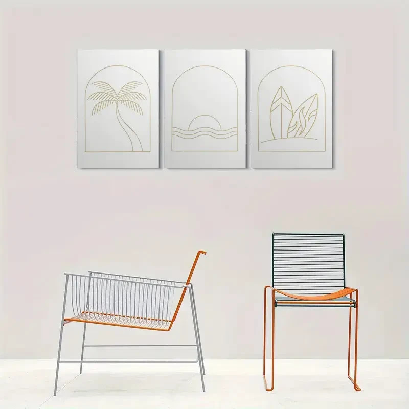 3pcs Gold Line White Coastal Palm Tree Metal Wall Art Ready to Hang