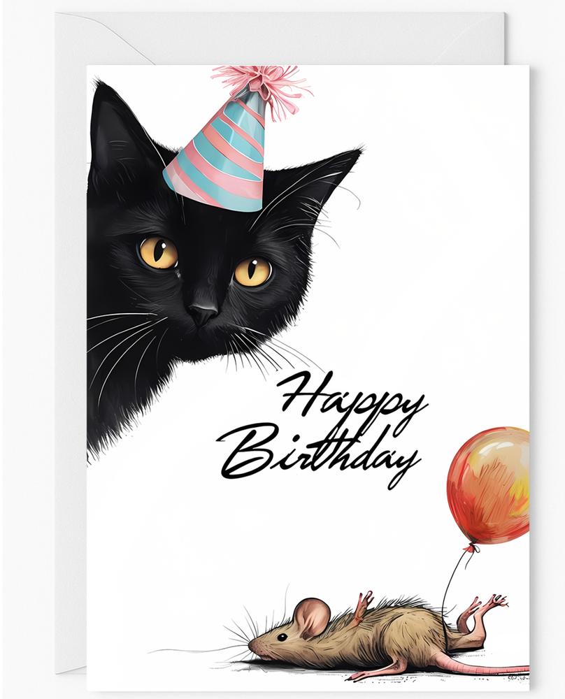 Funny Cat Birthday Card – Black Cat & Mouse Design – A5 Greeting with Envelope