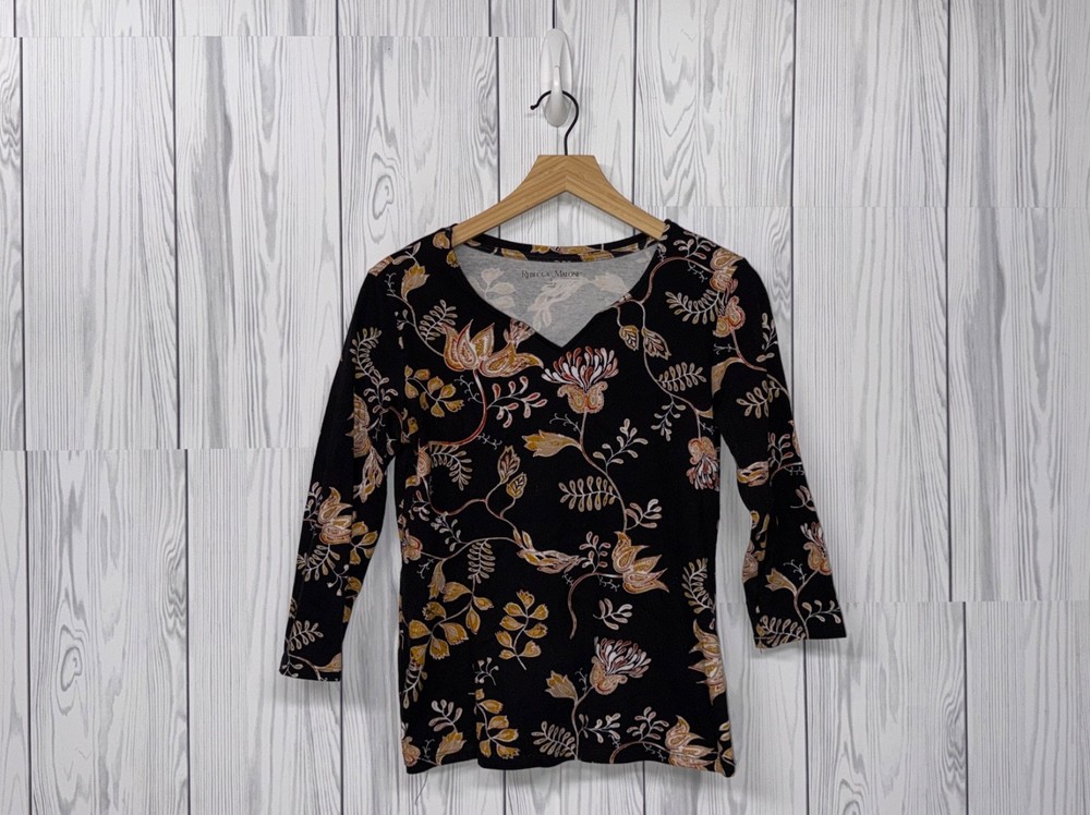 Rebecca Malone t shirt womens size small long sleeve black floral patterned