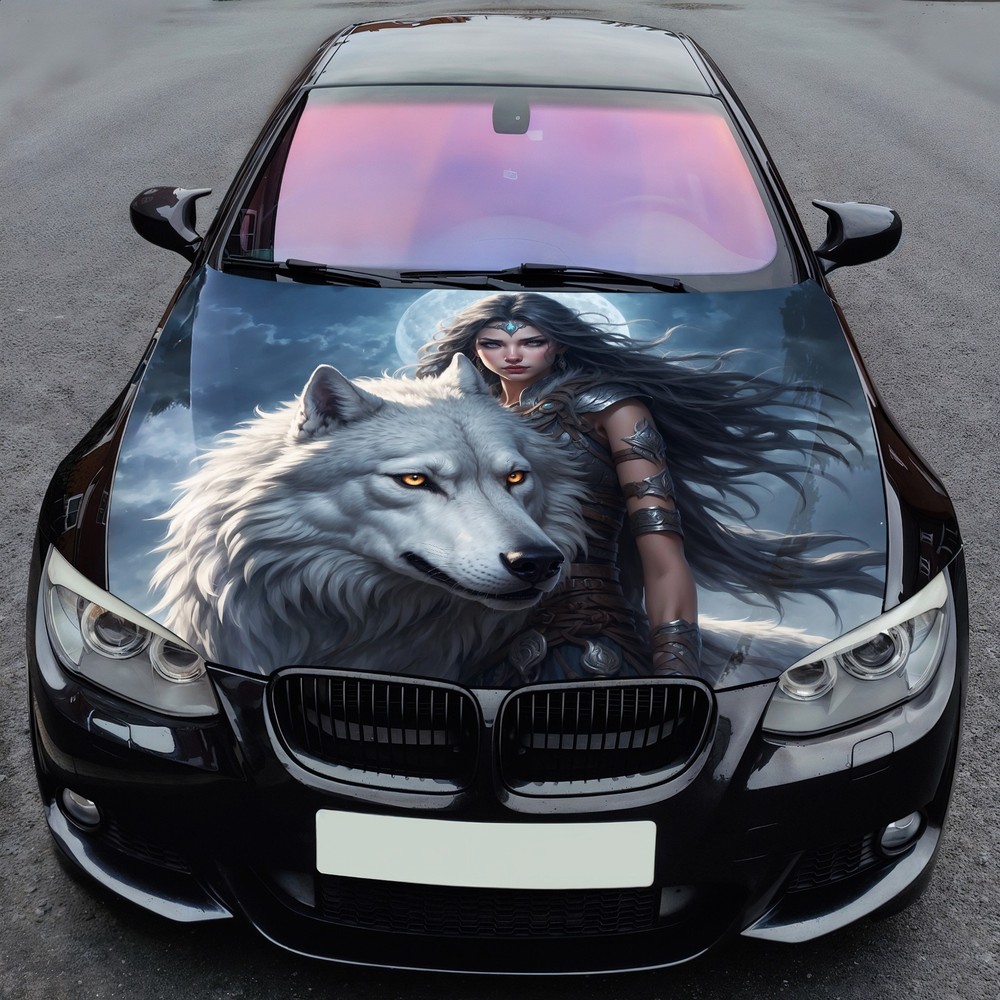 Car Hood Wrap Vinyl Decal Wolf Woman Warrior Graphic Custom Size Made to Fit