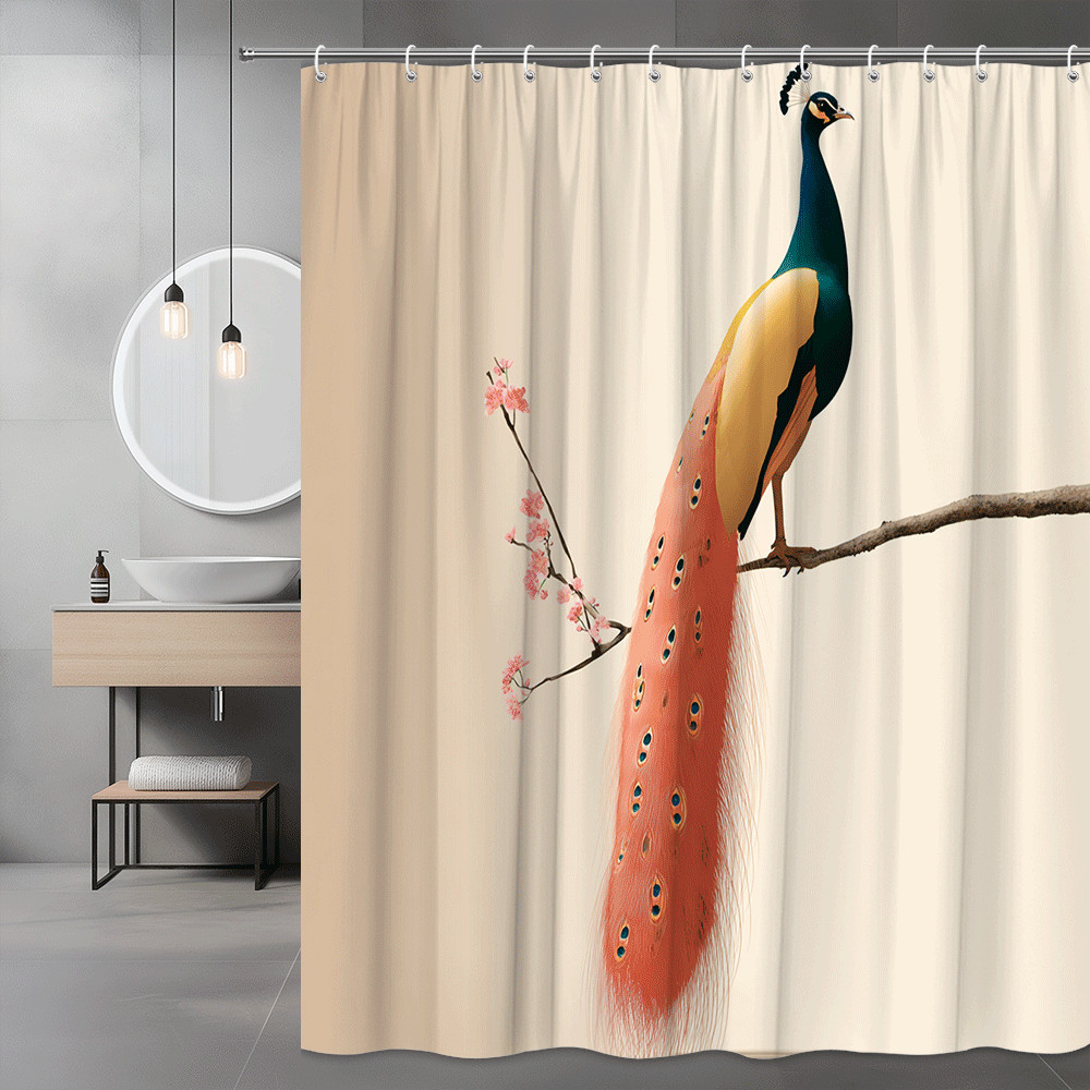 Peacock and Cherry Blossom Shower Curtain Printed Bird Decor