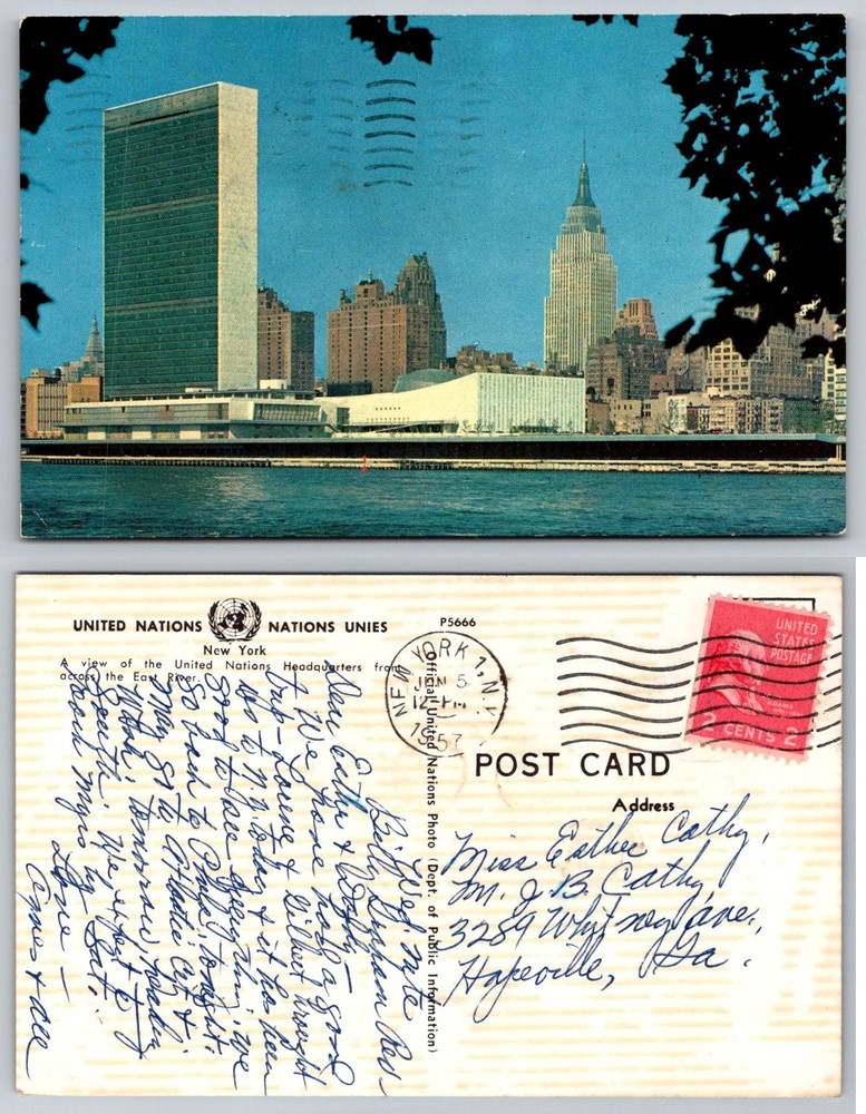 Vintage 1957 UN Headquarters NYC Postcard East River & Empire State Bldg
