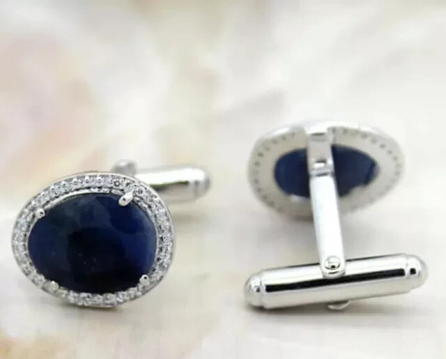 3Ct Oval Lab Created Blue Sapphire Diamond Men's Cufflink 14K White Gold Plated