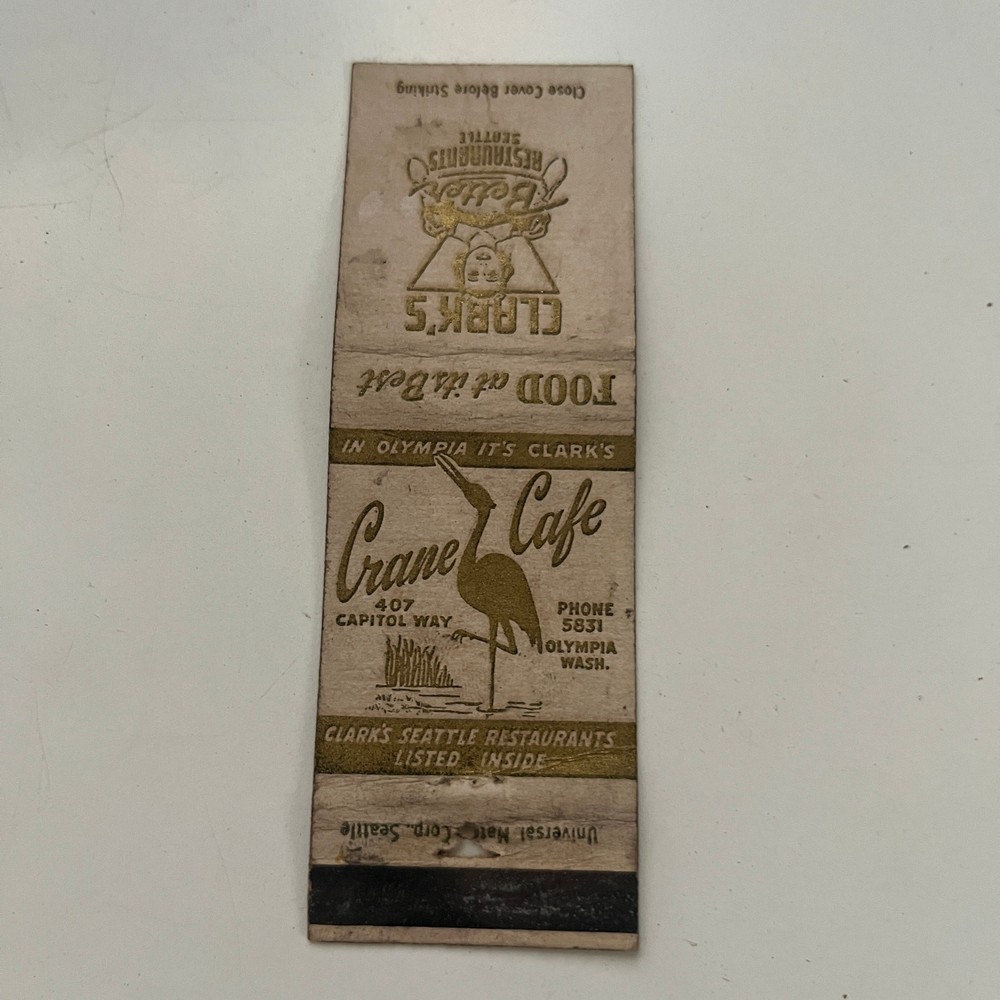 Crane Cafe Clark's Seattle Restaurants Olympia WA Vintage Matchbook Cover SMB9-3