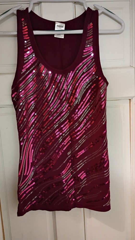 Women's Dark Pink/Fuchsia Pink & Silver Sequin Saga Tank Top Size Medium