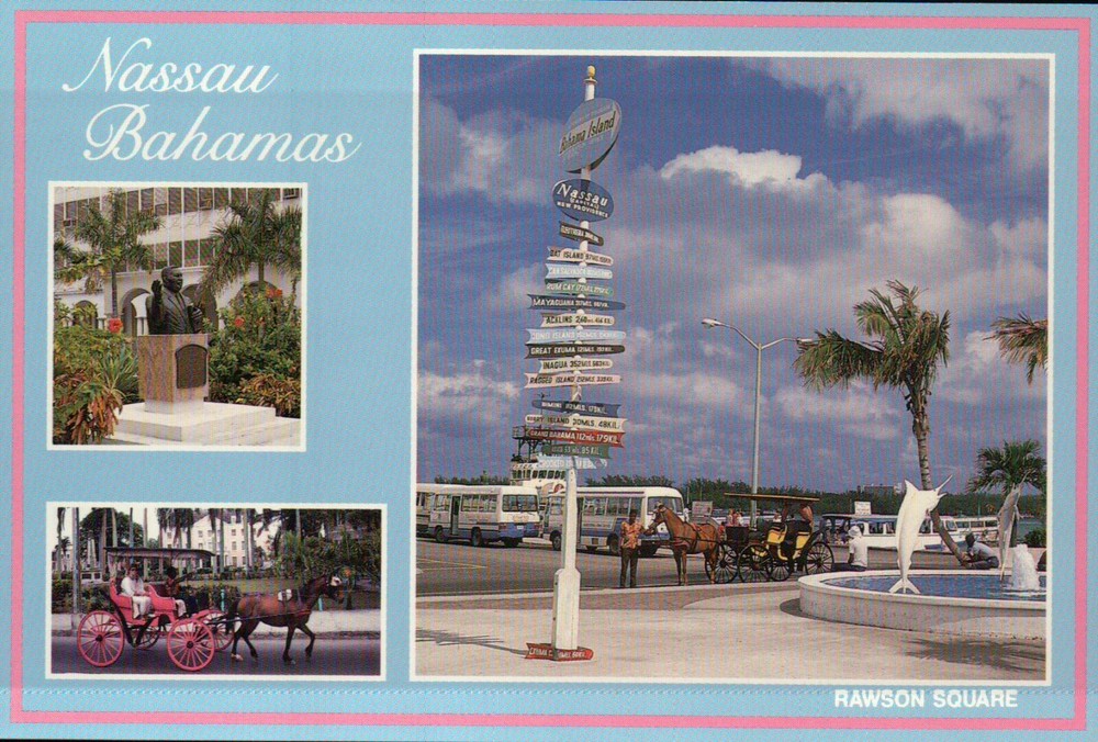 Rawson Square Downtown Nassau, The Bahamas, Horse Carriage, Signpost -- Postcard