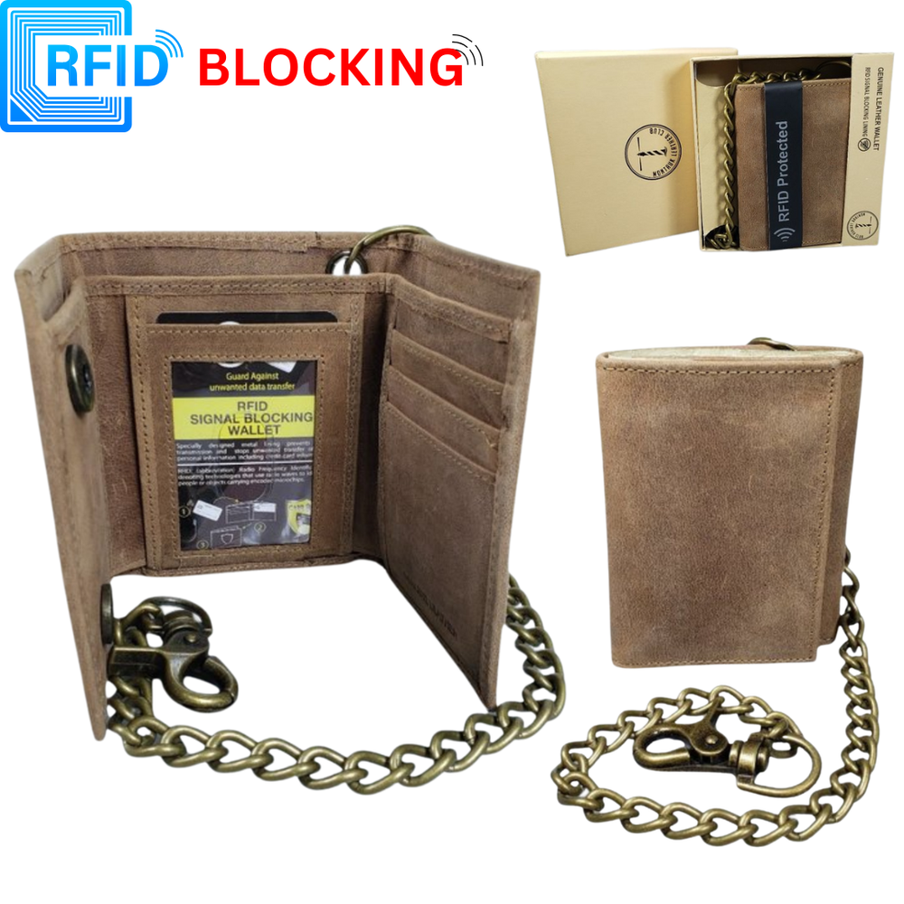 RFID Blocking Security Brown Leather Motorcycle Trifold Biker Wallet Brass Chain