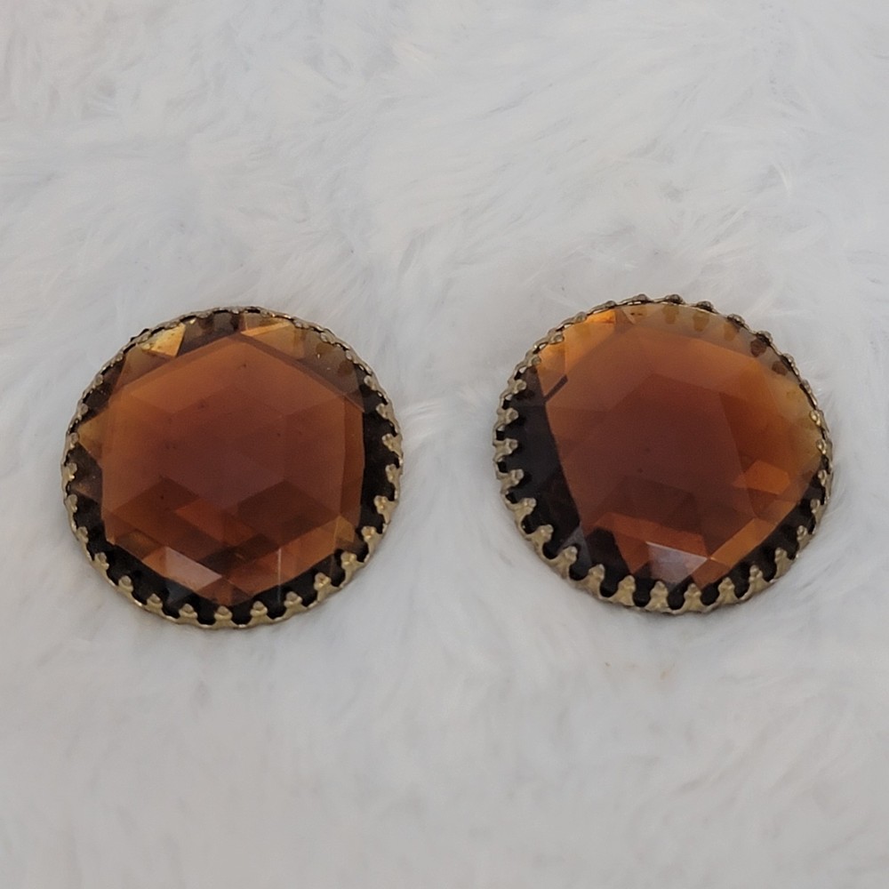 Vintage Glass Cabochon Clip Earrings Amber Gripoix Gold Tone Button Style