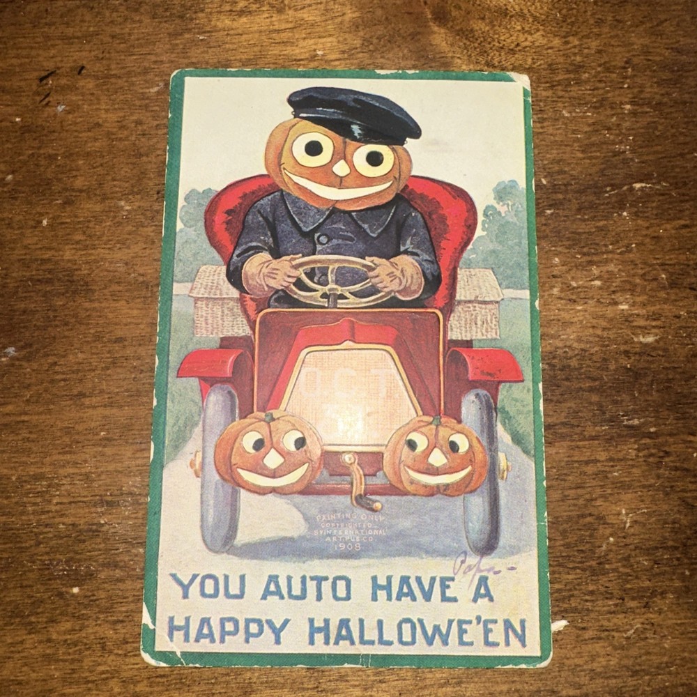 Antique 1908 Halloween Postcard Jack-o'-lantern Driving International Art Pub Co