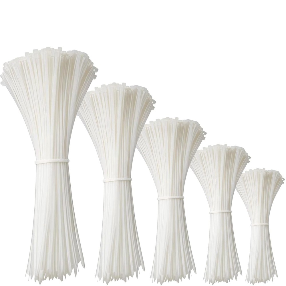 250-Pack White Self-Locking Cable Ties – Assorted Sizes 2-Inch to 8-Inch for Secure Fastening