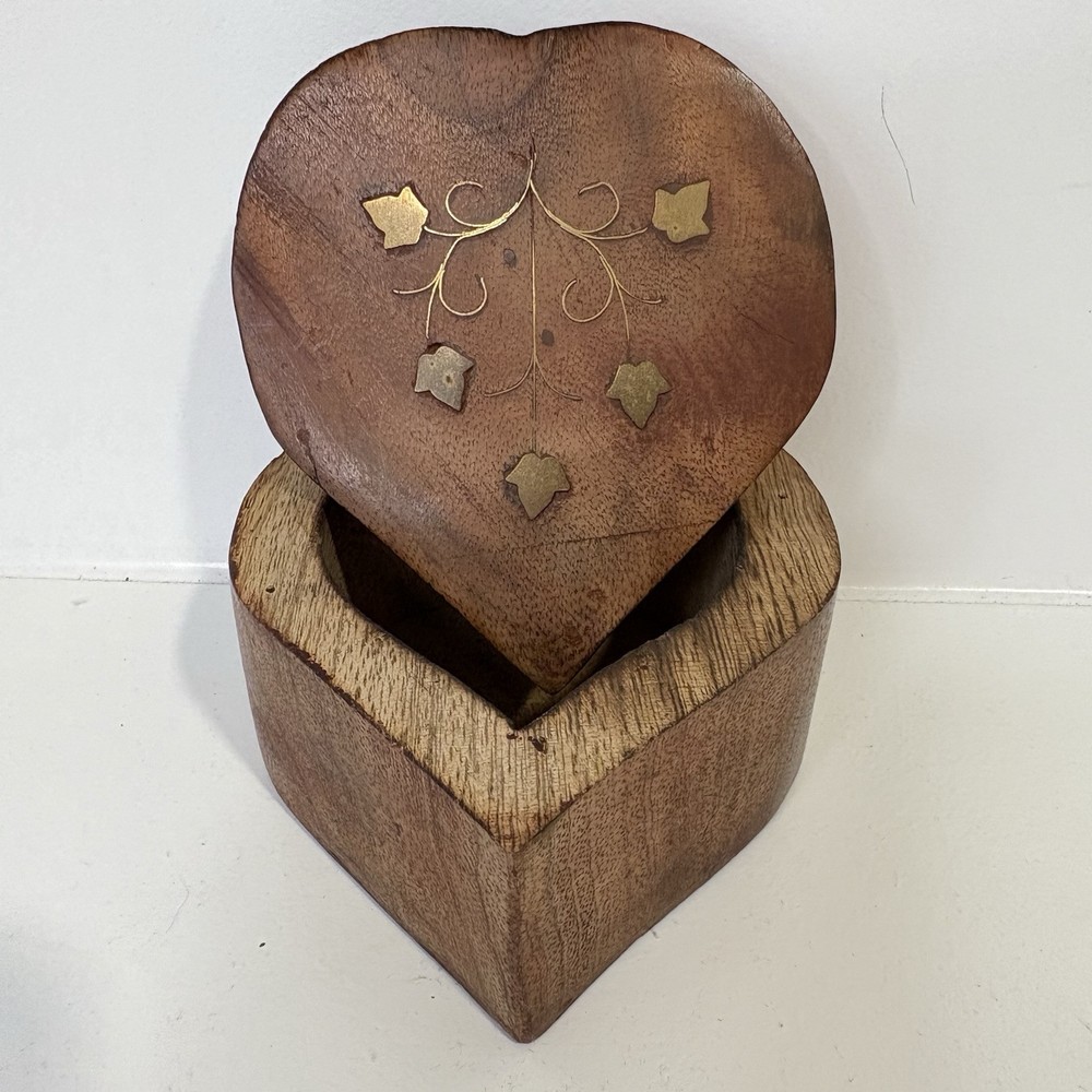 Antique Wooden Heart Trinket Box with Gold Inlay Detail