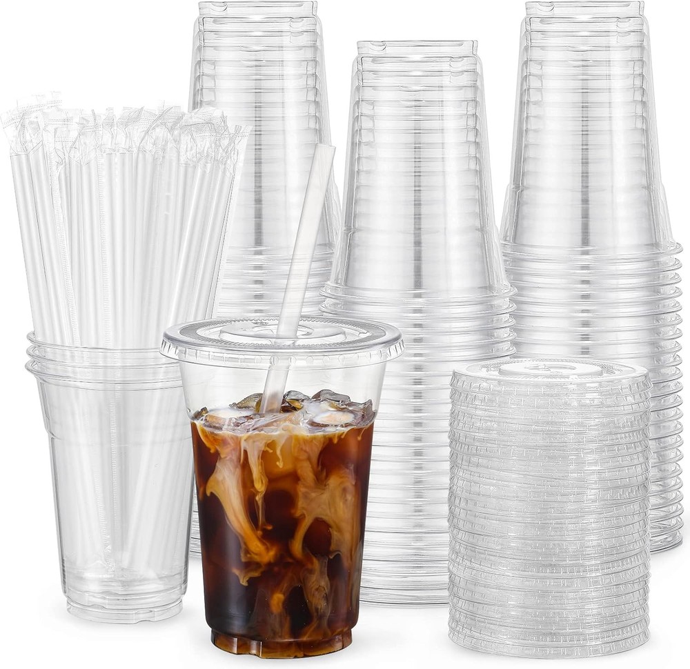 100-Pack 16oz Clear Plastic Cups with Lids & Straws by VITEVER