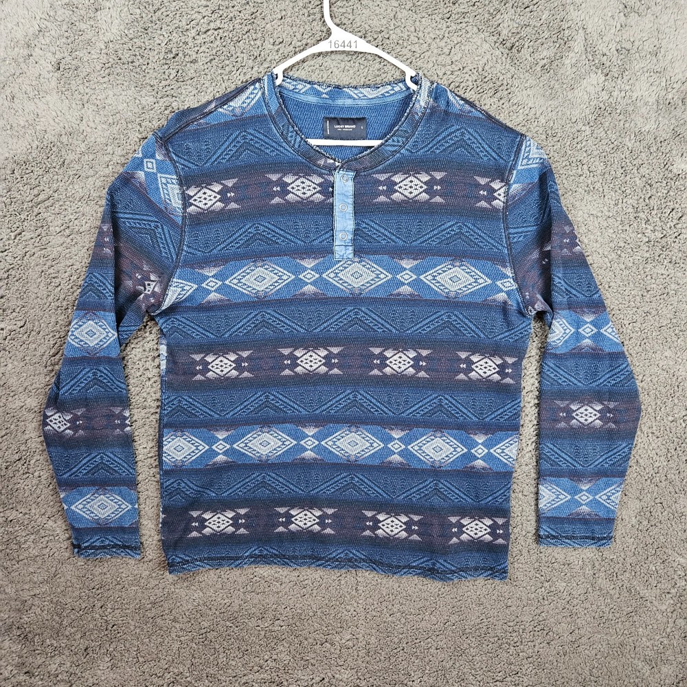 Lucky Brand Blue Aztec Snap Button Henley Thermal Long Sleeve Shirt Large