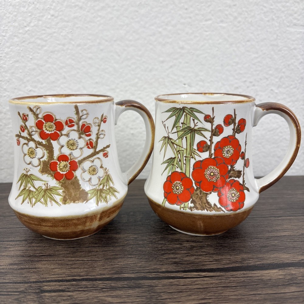 Vintage Takahashi Floral Japan Coffee Mug Cup Set Pair Speckled Brown Stoneware
