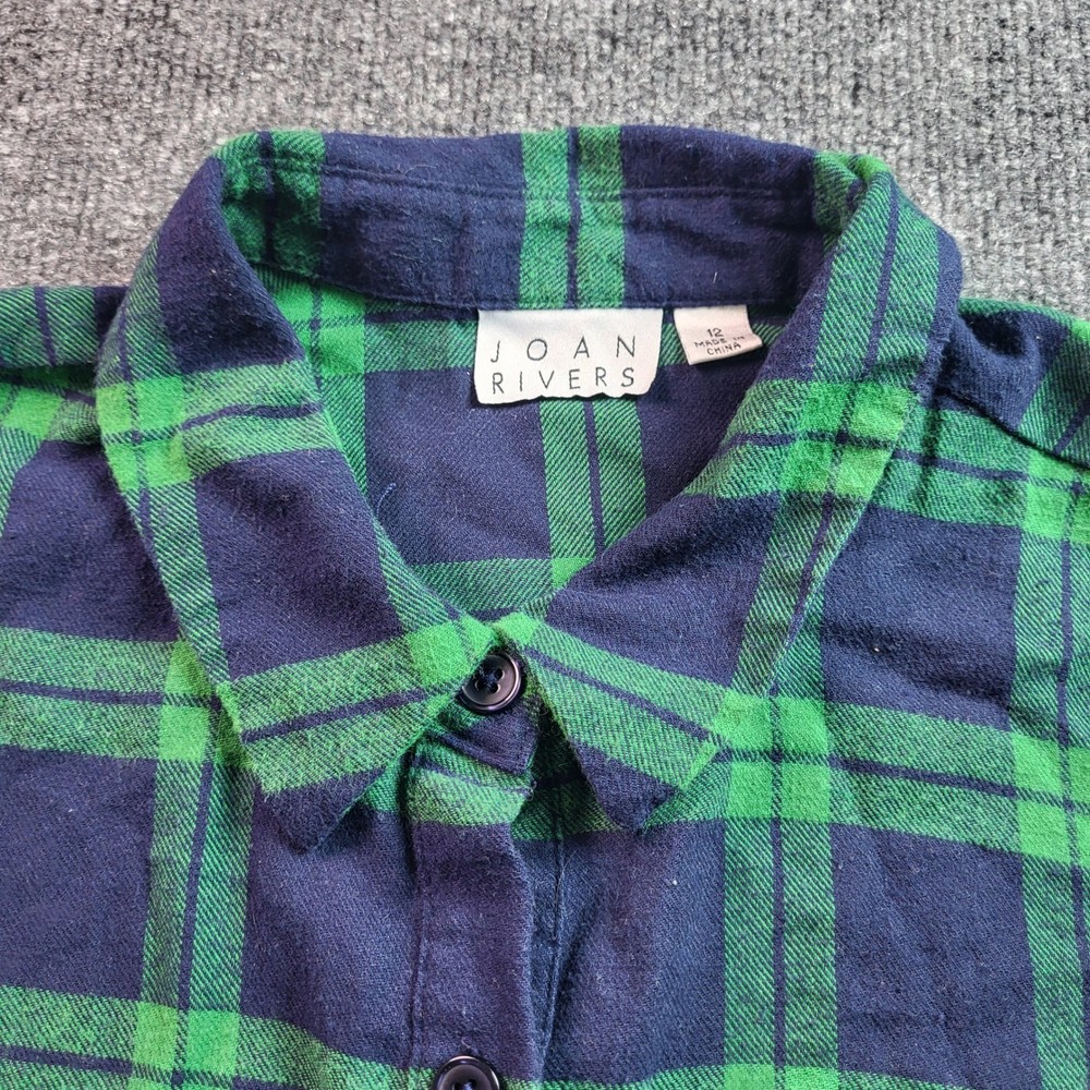 Joan Rivers Womens Button Down Flannel Shirt Sz 12 Green Blue Plaid Tiered
