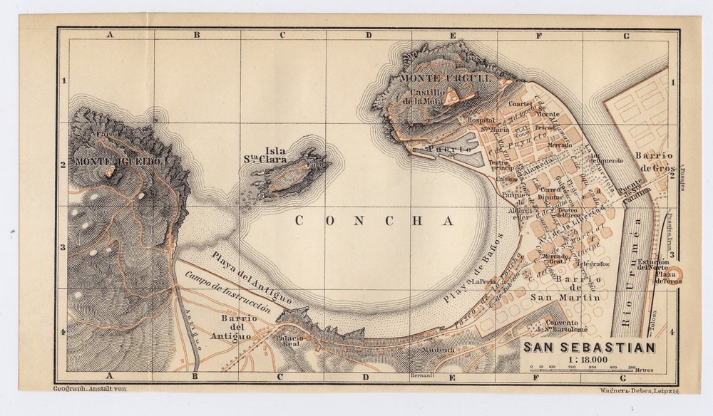 1898 Original Antique Map Of San Sebastian / Biscay / Basque Country / Spain