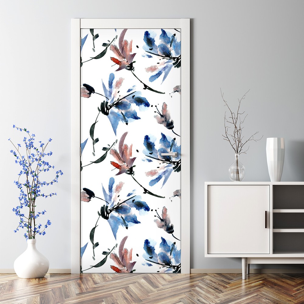 Watercolour Lea Adhesive Minimalistic Flowers Ink Art Repositionable Door Decal