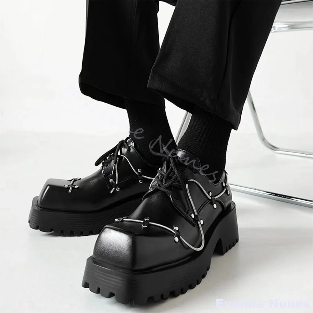 Platform Heightening Leather Shoes Men's Couple Square Toe Casual Derby Boots