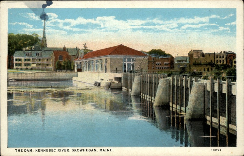 Skowhegan Maine ~ Kennebec River ~ Dam ~ postcard sku463