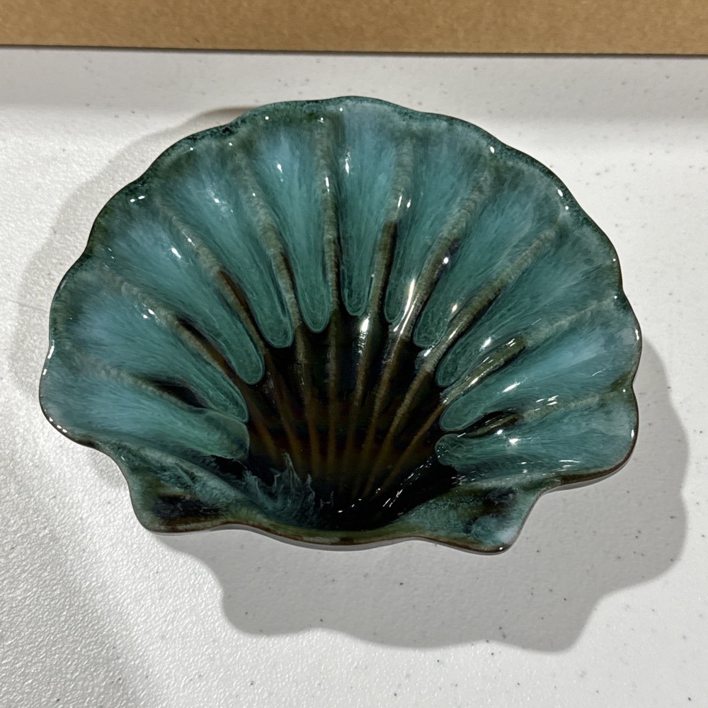 Vintage MCM Turquoise Pottery Shell Dish Bowl – Drip Glaze Ceramic 7”
