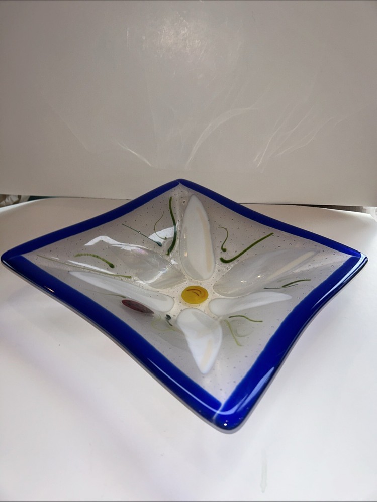 Fused Glass Platter, Plate, Bowl, Multicolor Art Floral 12” Square Daisy/ladybug
