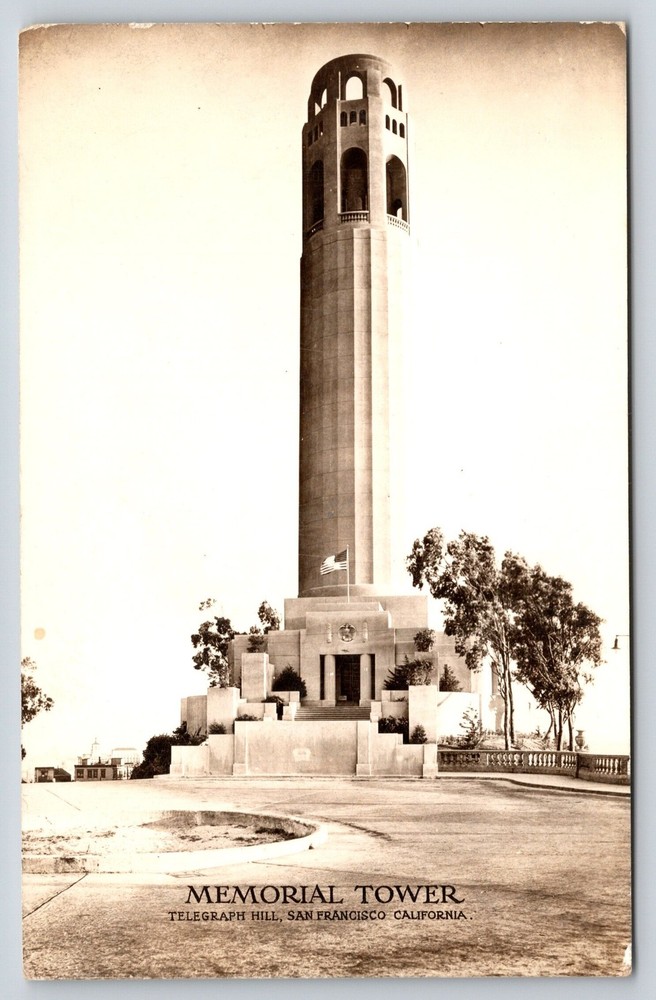 RPPC~San Francisco California~Telegraph Hill~Memorial Tower~Flag~1940s Postcard