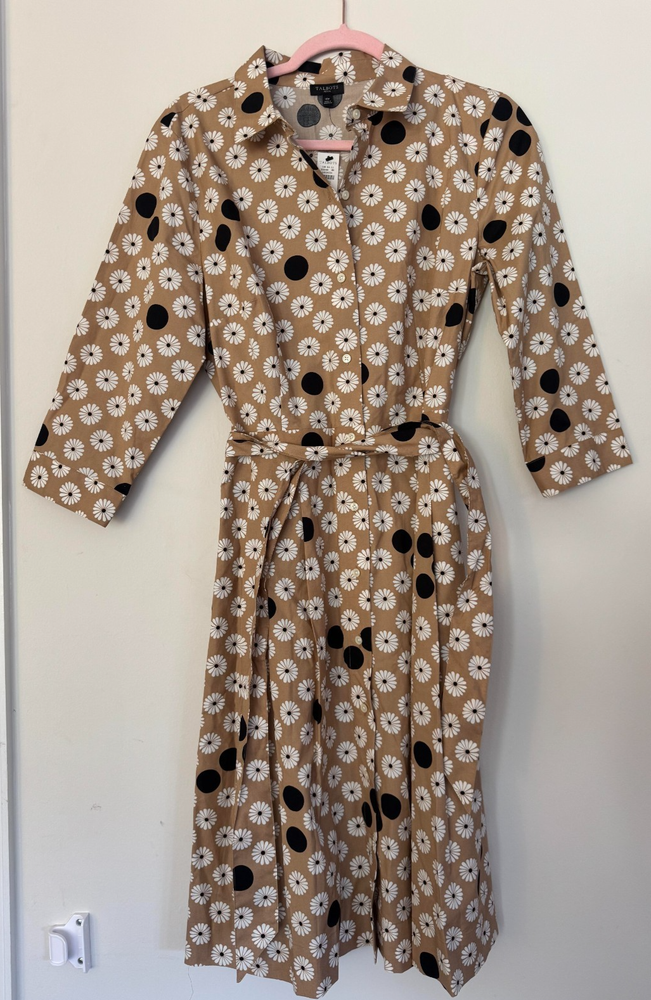 Talbots Petite Floral Daisy Polka Dot Belted Brown Shirt Dress 10P NWT