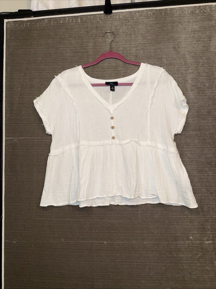 I N San Francisco White Summer Top Deep V Neck Boxy Crop Gauze Cotton Medium