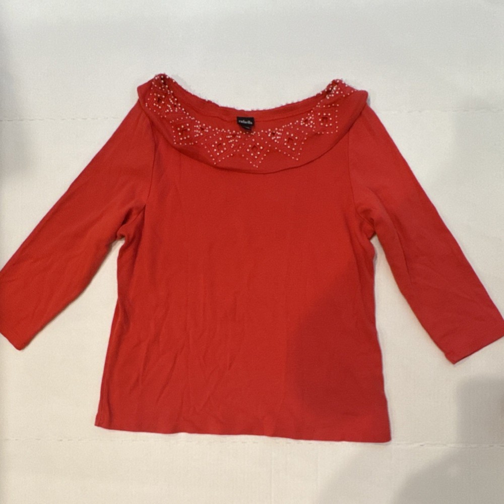 Rafaella Womens XL Red Beaded Scoop Neck 3/4 Sleeve Pullover Top