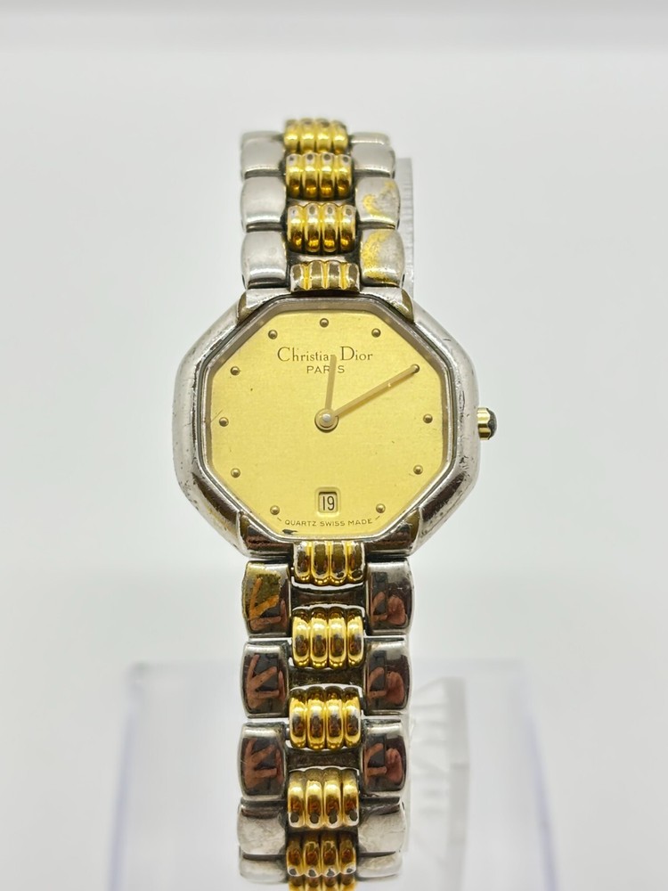 [Exc+4] ChristianDior Octagon Date 48.203 Silver Gold Wrist Watch Ladies Japan