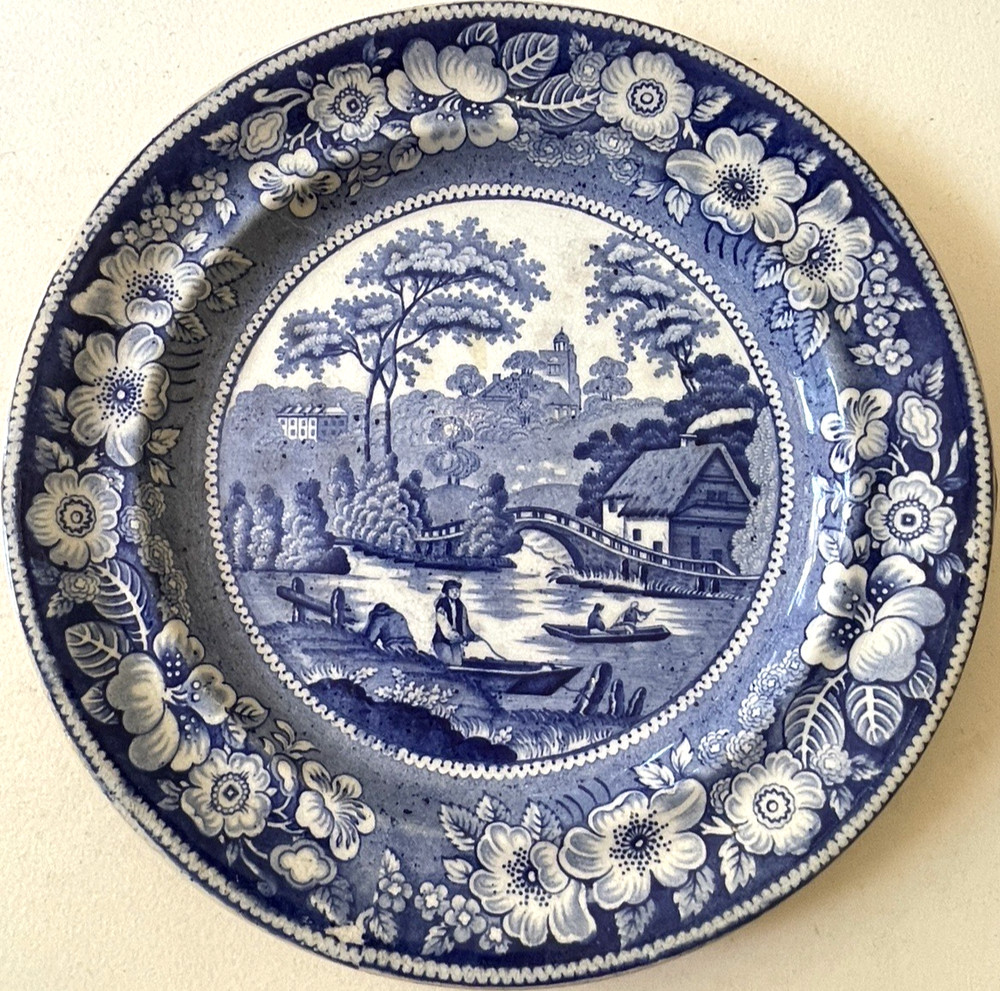 Antique Wild Rose Blue Transferware Plate Fisherman Lake Scene 10”