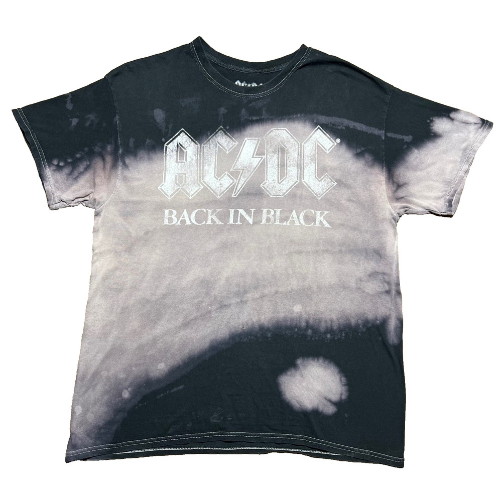 ACDC Back in Black Tie Dye Graphic T Shirt Mens Large Bleach Dye Rock Band Tee