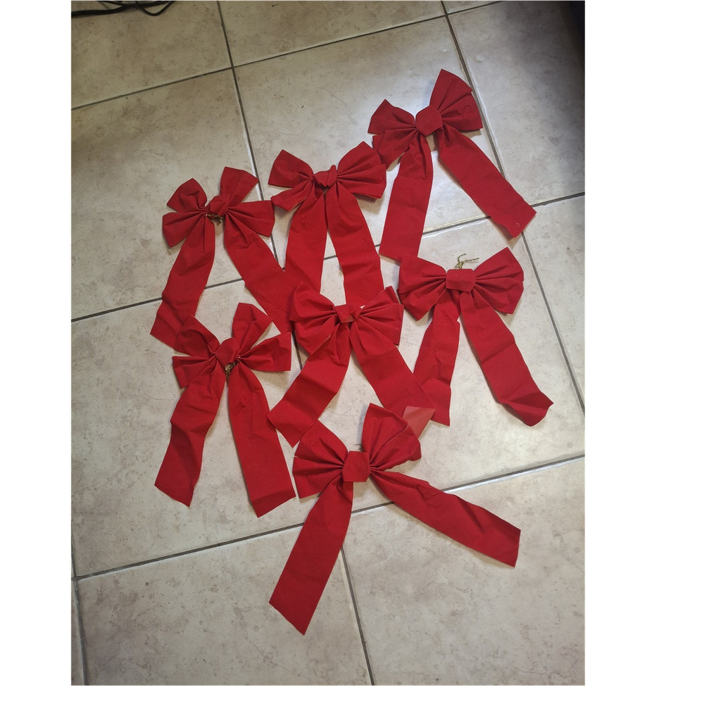 Set of 7 Red Fabric Bow Ornaments, Decorative Hanging Christmas Holiday