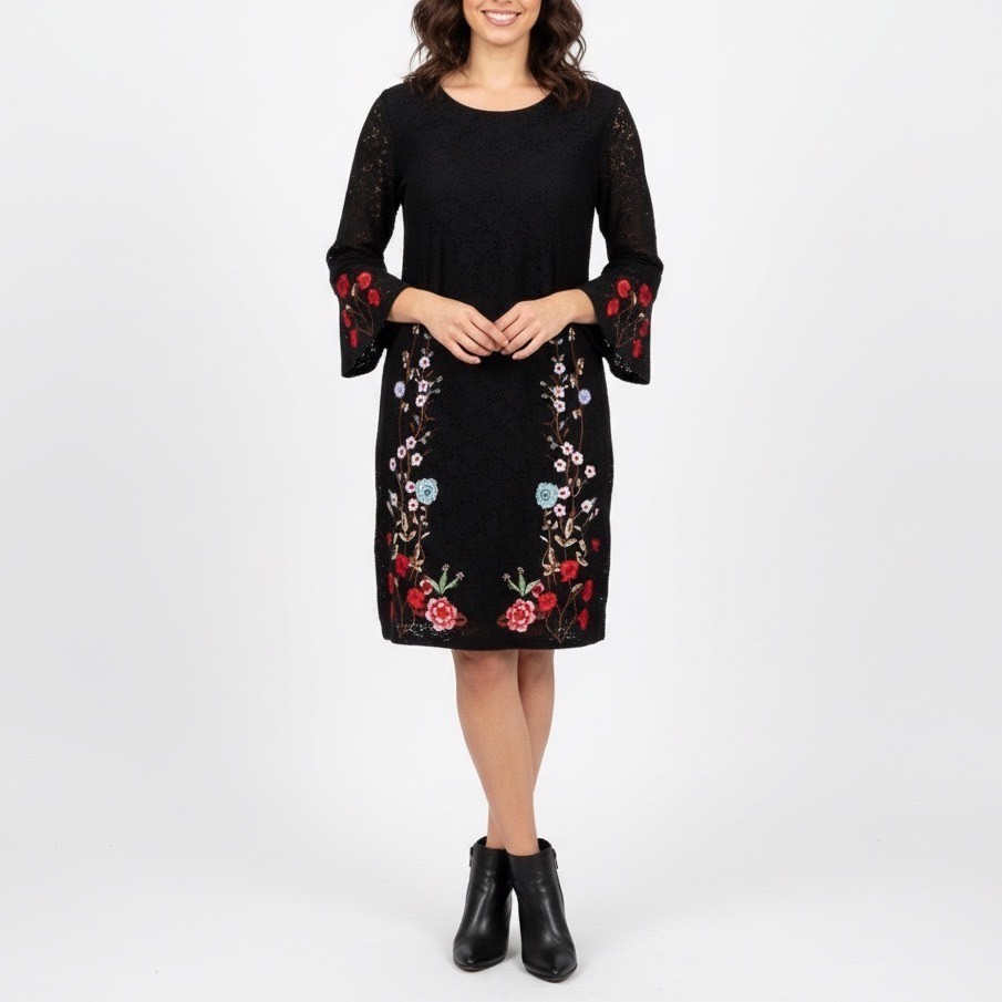 Desigual Black Lace Floral Embroidered Bell Sleeve Dress Size 44