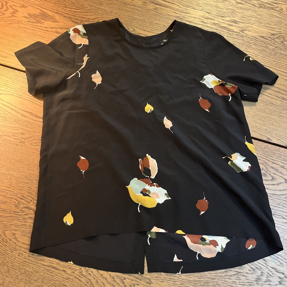Madewell Button Back Short Sleeve Top Silk, Black Floral Spring