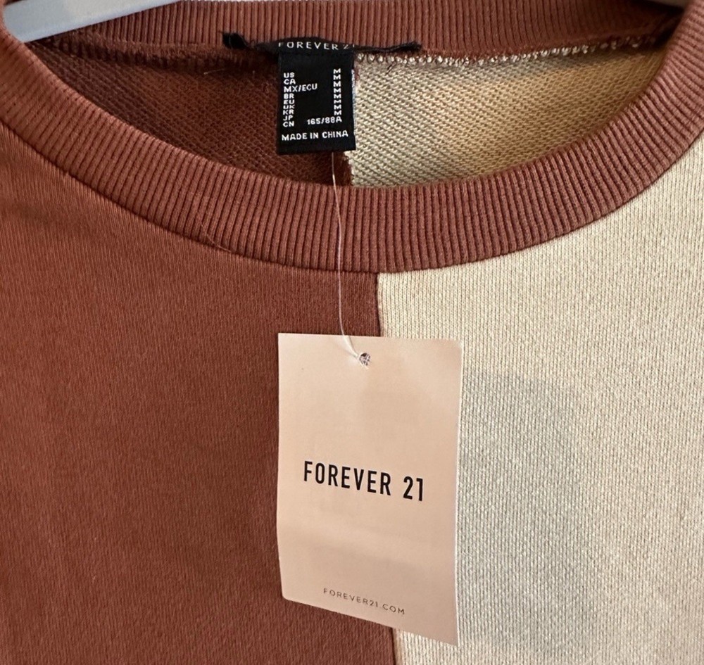 FOREVER 21 Colorblock Cropped Pullover Sweatshirt Brown Beige Women’s M