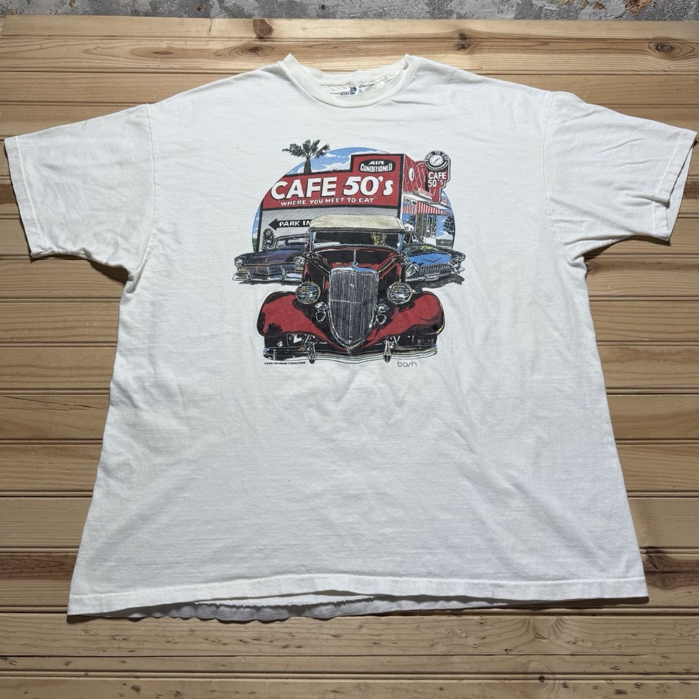 Vintage 80s 1987 BASH Cafe 50s Hot Rod Classic Car Meet To Eat Diner Shirt - 2XL