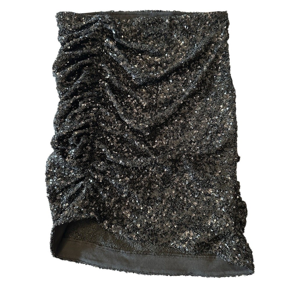 Express Women's Black Sequin Asymmetrical Ruched Mini Skirt Size XS Y2K Festival
