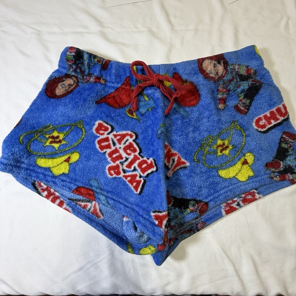 Chucky Cartoon Fleece Sleep Shorts Drawstring Blue Women's Size M