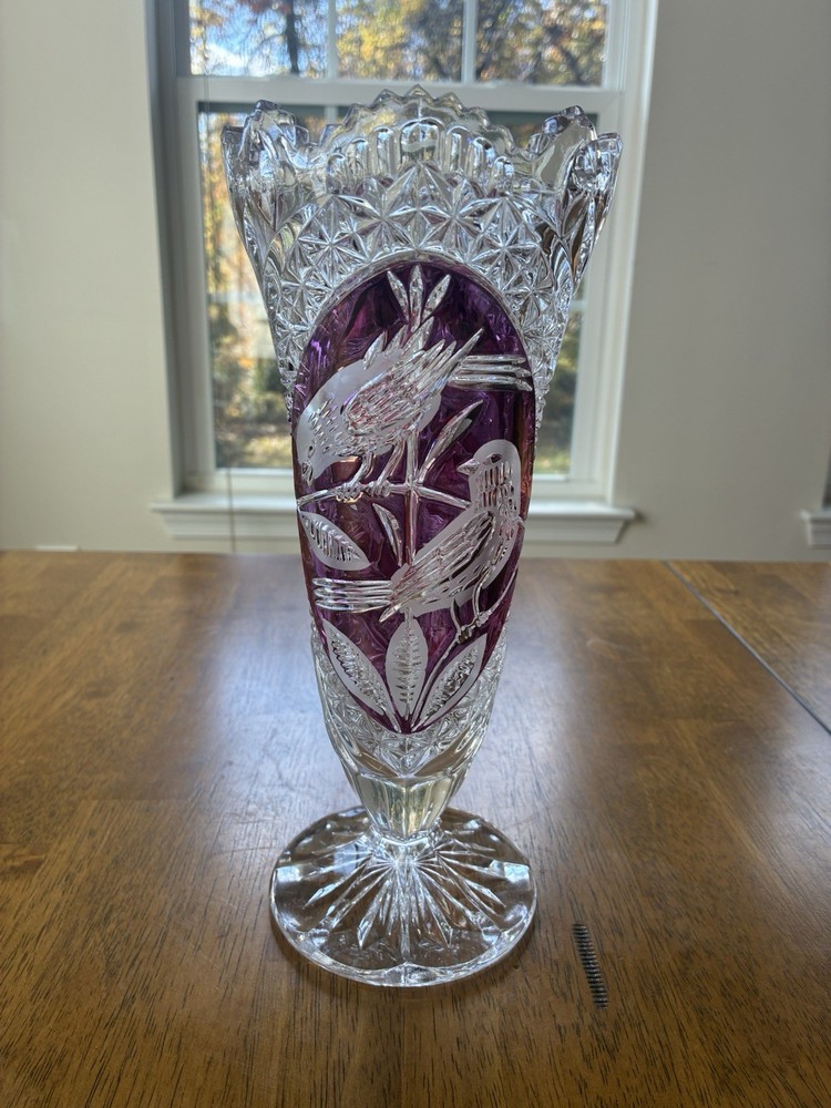 Vtg Hofbauer Byrdes Lead Crystal Vase Ruby & Purple Panel Birds  10  1/4” H Rare