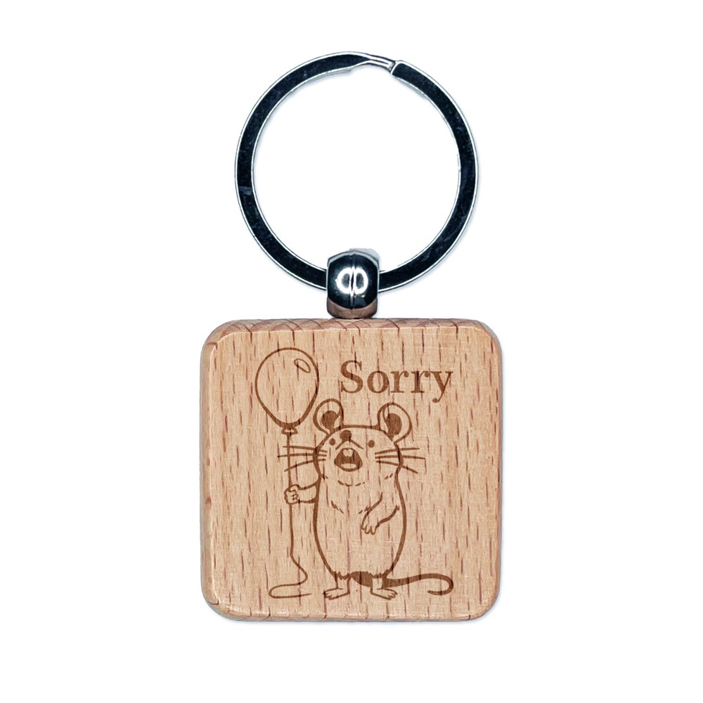 Sorry Mouse with Balloon Engraved Wood Square Keychain Tag Charm
