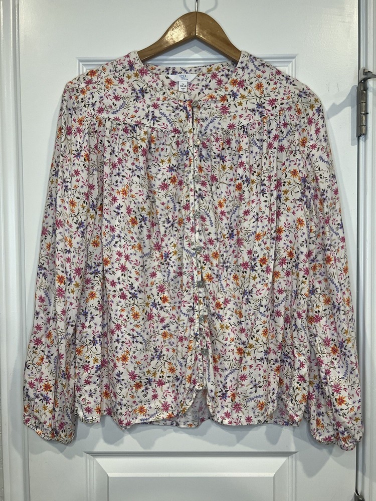 Time And Tru Women’s Top Large Floral Cottagecore Button Front Peasant